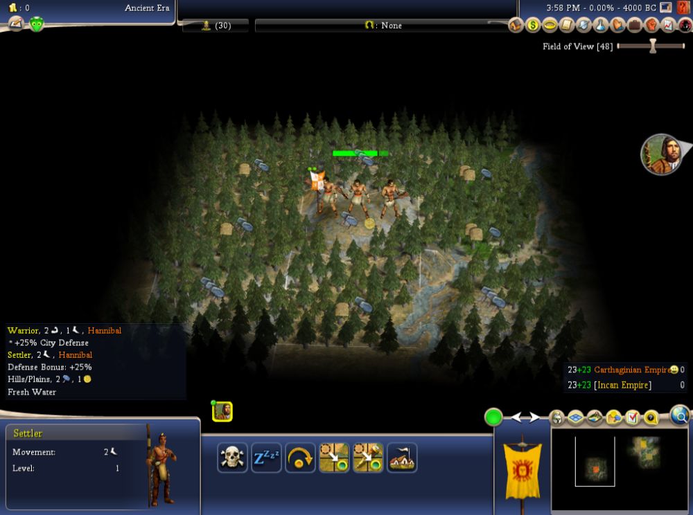 The Computer Player Teammate for the Human Players Starting Position, a plains hill in the middle of a plains forest