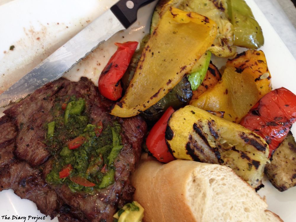 This looked good, I swiped the empty plate with a piece of buttered bread and got all sorts of herb accents, so, good, its an image of steak and roasted vegetables, solid stuff