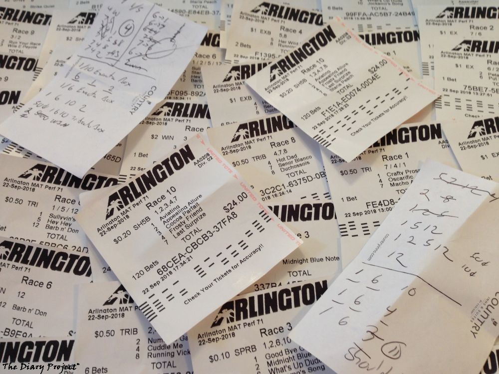 A slew of race ticket stubs from Arlington International Raceway, so close, so far, I find playing the ponies to be a highly focusing activity, the day literally races by, no time to talk, I am a betting man