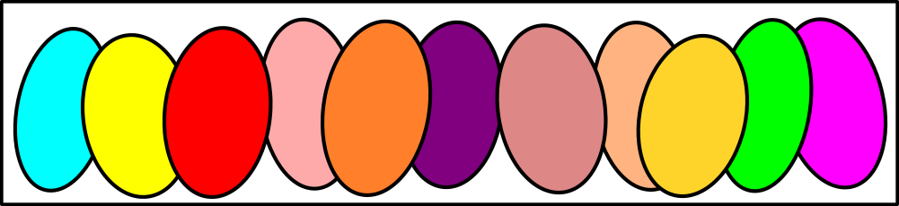 A colorful line of easter eggs, single black outline, solid color infil, some overlapping others