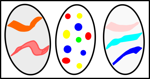 Three Easter Eggs, two with stripes, one with dots, simple drawings