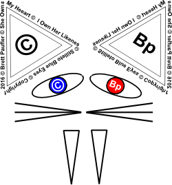 This has all the earmarks of a test image.  For what, I know not. Lots of Copyright Text and Symbols making a whiskered cat face with Red Eye Blue effect