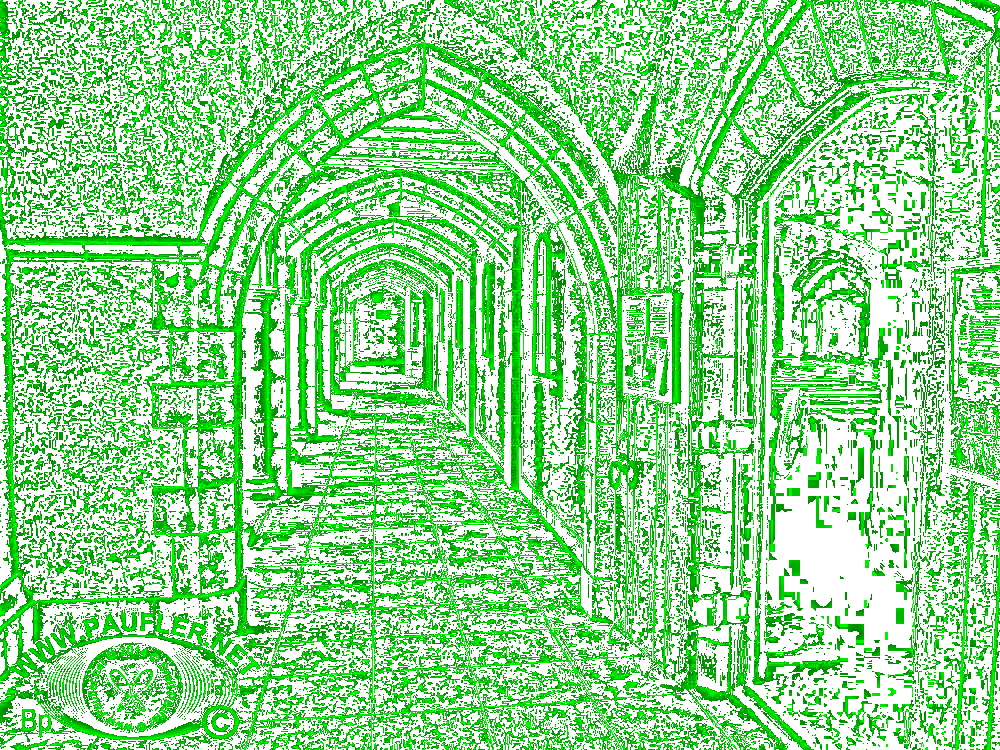 Cathedral Interior Hallways -- Photo Modified Utilizing the Emerald Eyes Sequential Edge Detector Filter to make a Sparkly Green Tone animated GIF
