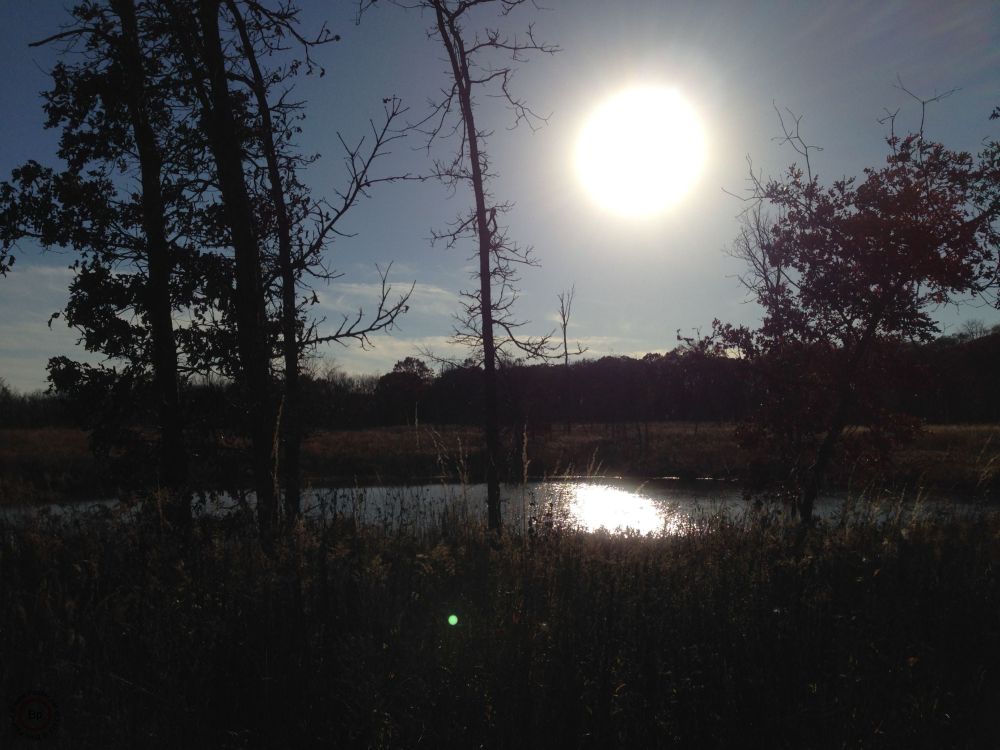 looking into the sunset, the day at an end, reflection off of a pond