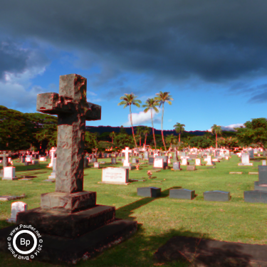 tropical cemetery with stone cross gravestone marker - color shift push-pull