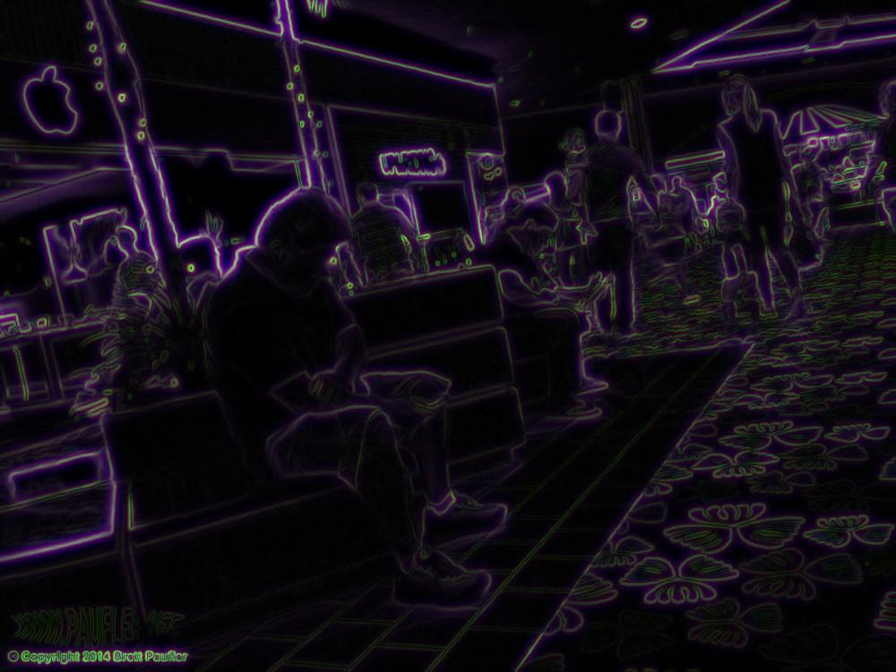 Shoppingn Mall - Sitting Ment intent on Smart Phones  -- Ghostly Aura Image Effect